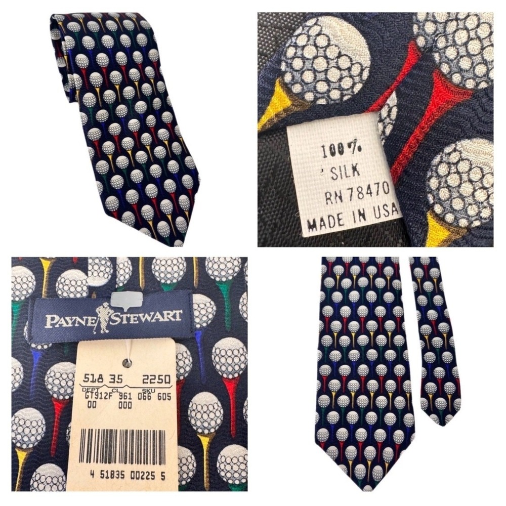 Payne VTG Stewart Necktie Men OS Navy Blue Golf Ball Tee Novelty Silk USA Made